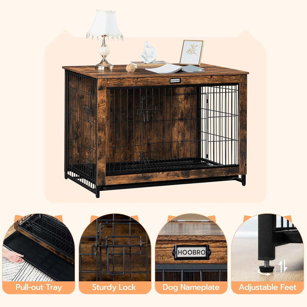 Dog Crate Furniture, 38.6" Large Dog Kennel Indoor, Wooden Cage with Pull-Out Tray
