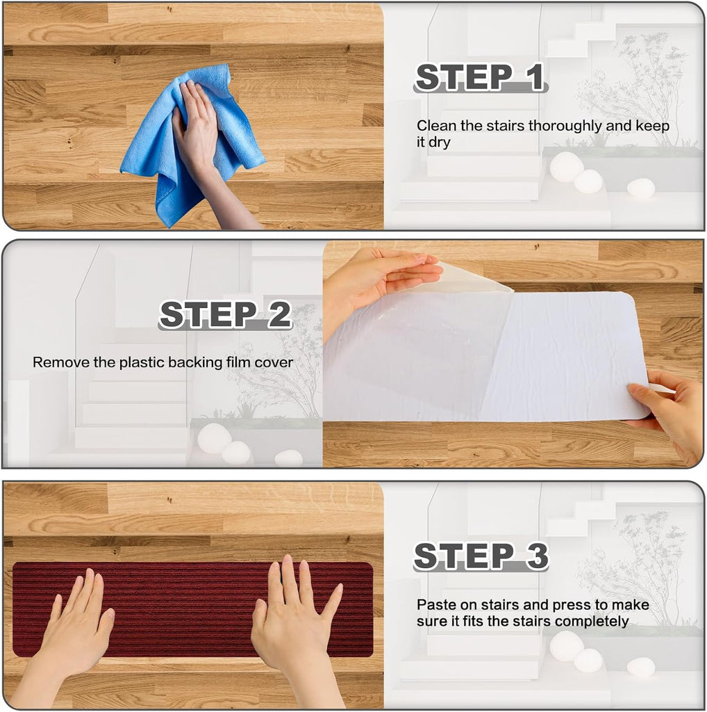 Stair Treads for Wooden Steps - Non Slip Stairs Carpet Tape Peel and Stick with Double Adhesive Tape Set of 15