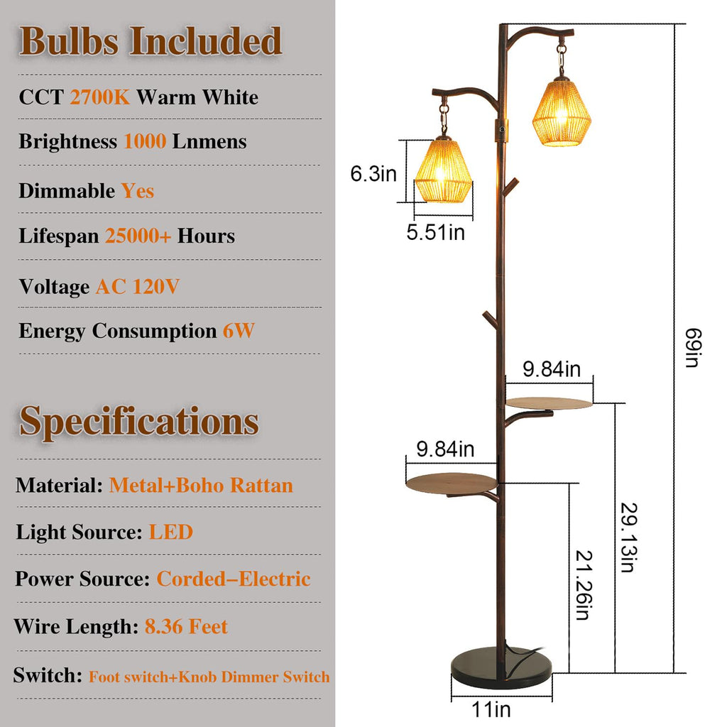 Arc Floor Lamp with Cage Shade, Rattan&Fabric Boho Floor Lamps Bedroom, Rust Color Industrial Dimmable Floor