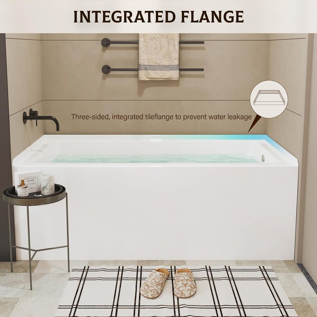 60 Inch Alcove Soaking Bathtub, Rectangular Acrylic Tub with Integral Apron, Left Drain, Glossy White Finish, Brushed