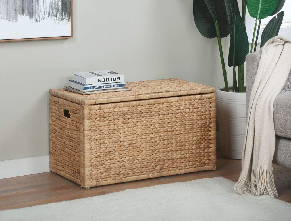 Water Hyacinth Wicker Storage Trunk, Natural, 30x17.5x17.5 Inches | Safety Hinge, Metal Frame, Decorative Blanket