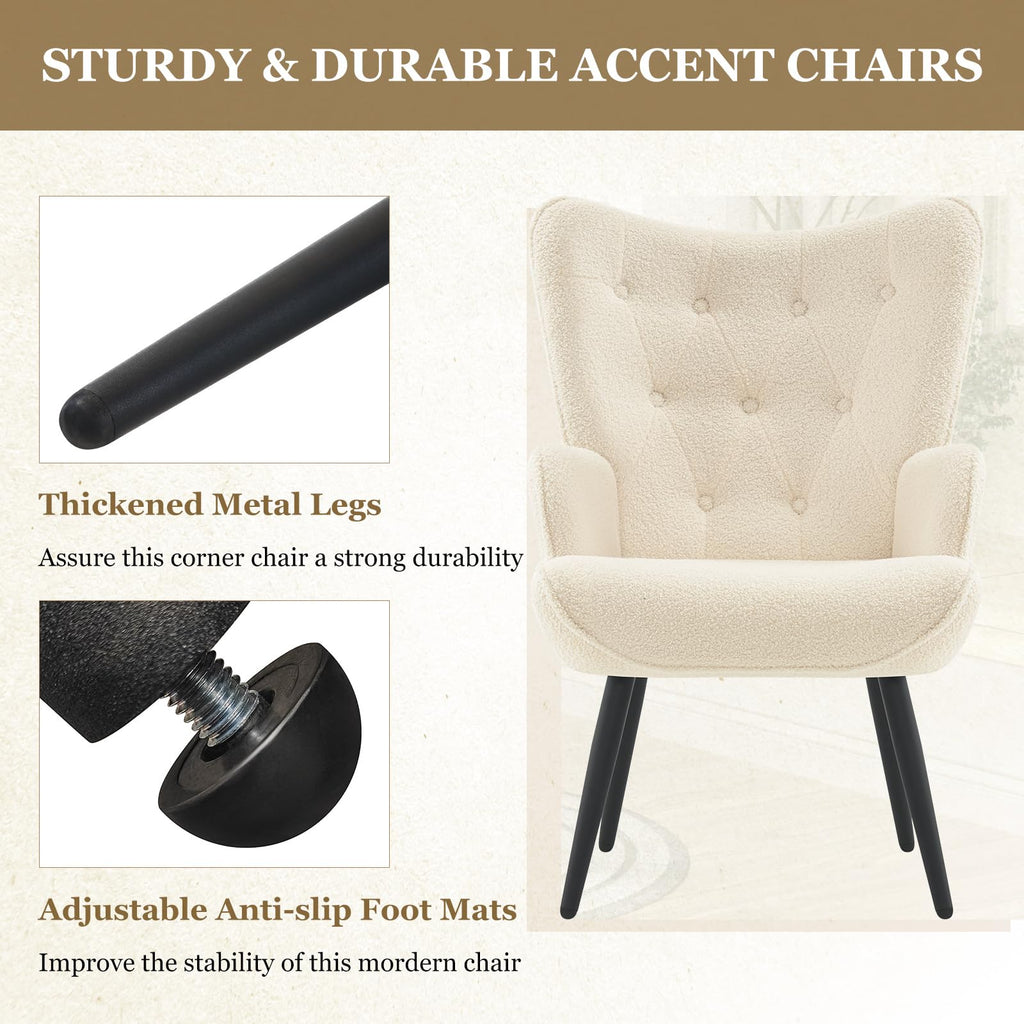Faux Fur White Accent Chair Mid Century Modern Living Room Chairs; Comfy Armchair Leisure Vanity Guest Wingback Chair