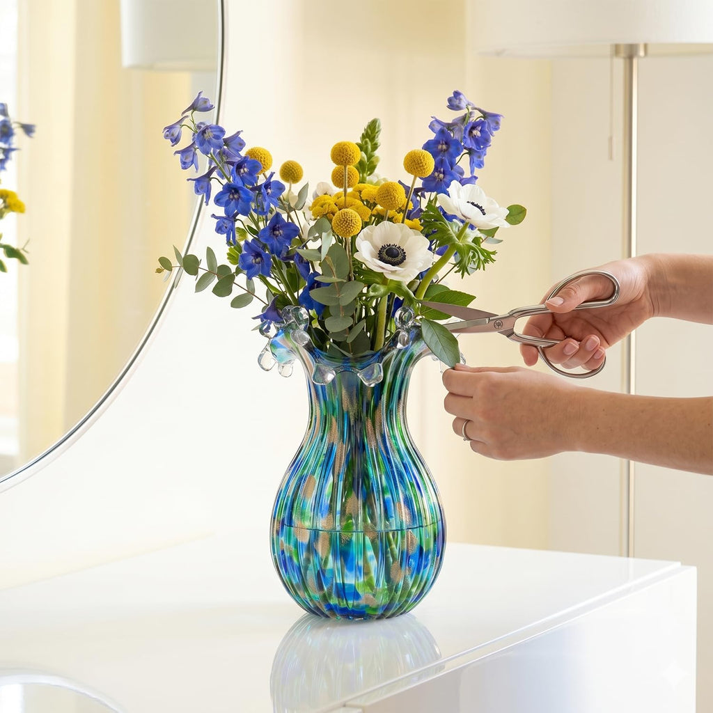 Hand Blown Glass Vase for Flowers, 9 Inch Blue Green Flower Vase
