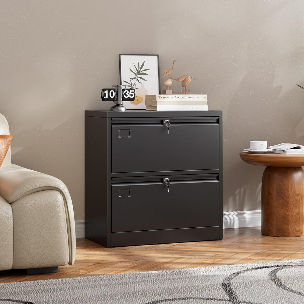 2 Drawer Lateral File Cabinet with Lock, Assembly Required | Black metal cabinet for letter/legal/A4 files, home