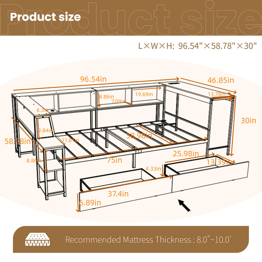 Corner Bed Frame with Storage Bookcase and Led Lights, Twin Size Metal Platform Bed Frame with Storage Drawers and