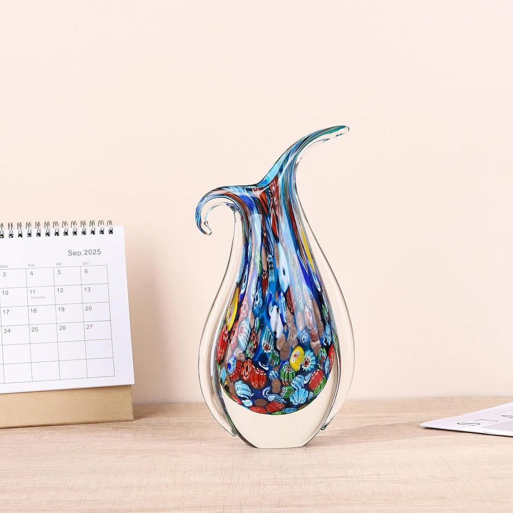 Hand Blown Glass Vase for Centerpiece, Murano Style Table Decoration, Blue Blown Art Glass Ellipse Flower Vase