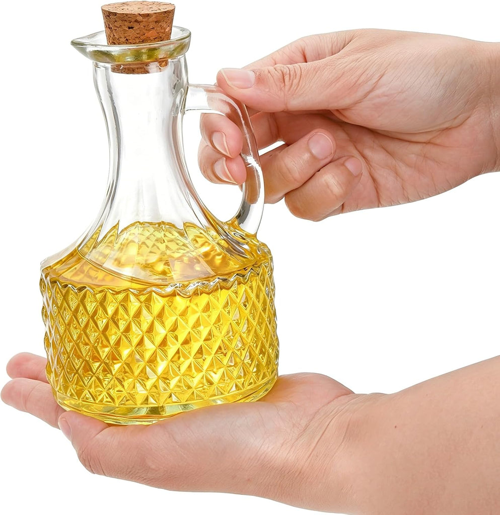Glass Oil and Vinegar Cruets Bottles, 13.5 Ounce Glass Olive Oil Dispenser Bottle with Handle and Cork, Soy - Set of 4
