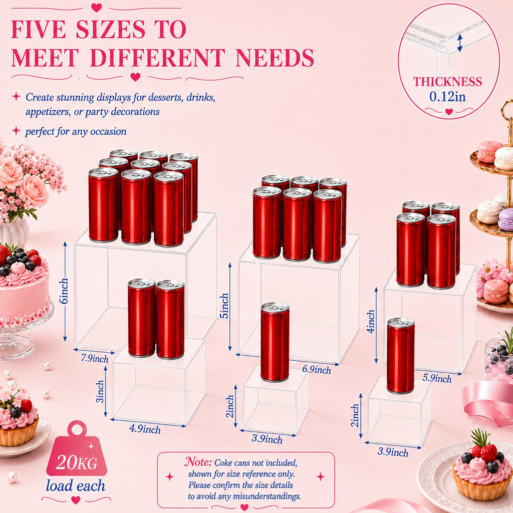 6 Pcs Food Risers for Display Party Buffet Riser Clear(4", 4", 5", 6", 7", 8")