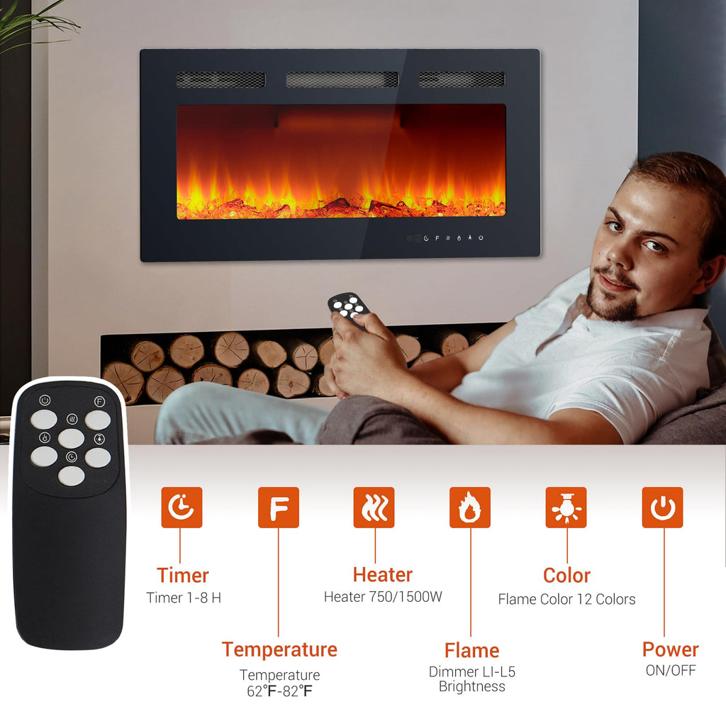 36 Inch Electric Fireplace, Modern Wall Mounted Fireplace Heater