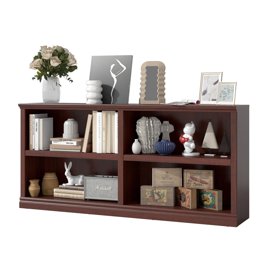Low Horizontal Bookshelf Double Wide 64" 2-Tier Bookcase 4 Cube Storage Organizer Cherry Wood Bookcases Decor Display