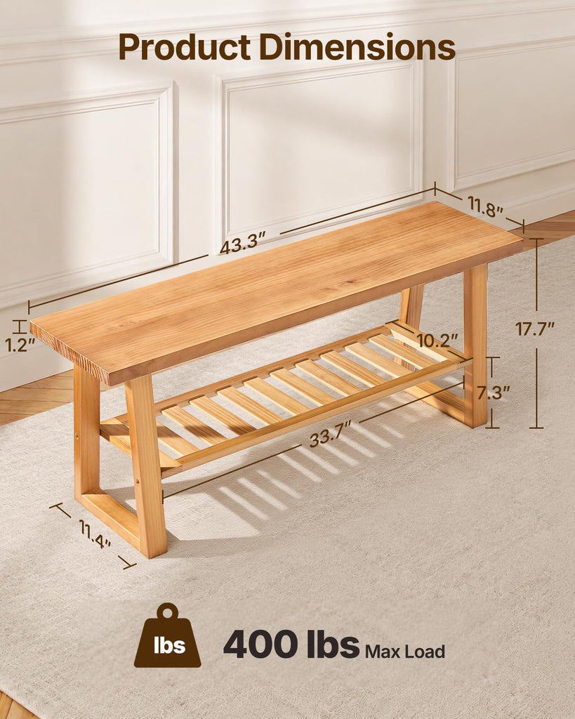 43" Pine Wood Entryway Bench with Shoe Storage Shelf
