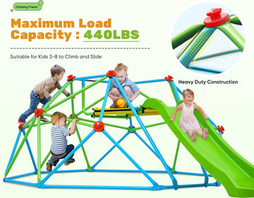 Climbing Dome with Slide Max Load 440Lbs, 8FT Jungle Gym Monkey Bar for Backyard, 2 in 1 Outdoor Climbing Frame Toys