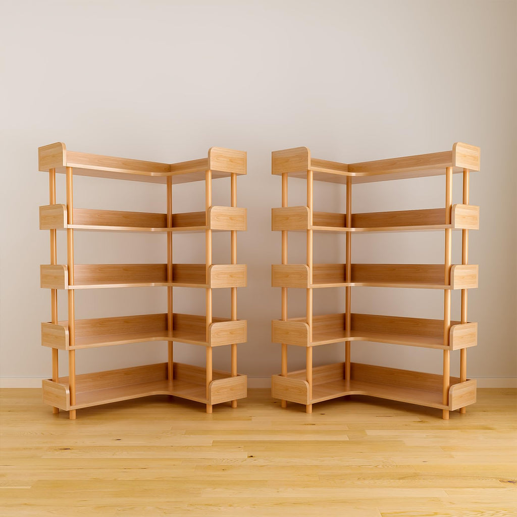 5-Tier Reversible Corner Bookshelf, L-Shaped Shelf, Oak