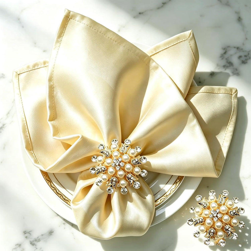 Gold Flower Napkin Rings, Gold Bling Rhinestone Napkin Ring Holder for Weddings, Dinner, Parties, Christmas - Set of 8