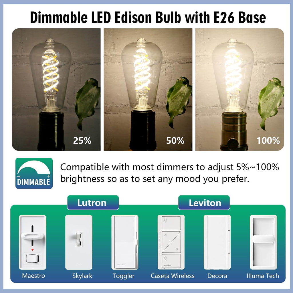 4Pack Dimmable Vintage LED Edison Bulbs, Neutral White 4000K