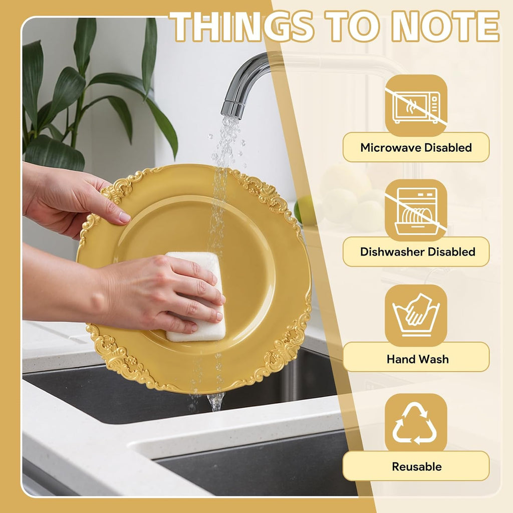 Gold Charger Plates Bulk, 13" Round Charger Plates with Embossed Rim, Decorative Dinner Gold Chargers - Set of 100