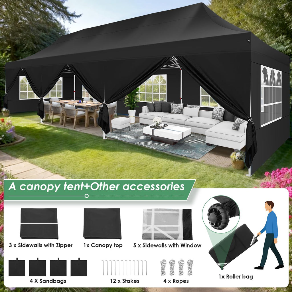 Canopy 10x30 Pop Up Canopy Tent with Sidewalls, Waterproof Commercial Canopy Ez Outdoor Instant Gazebo UV Protection