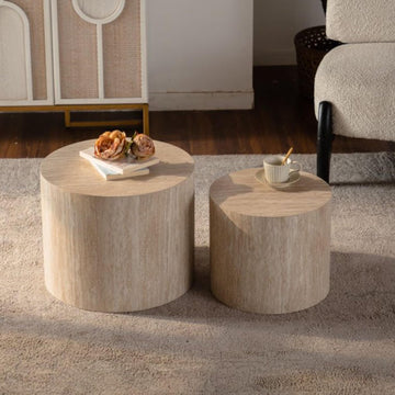 Nesting Coffee Table Set of 2, Modern Round Wooden Coffee Tables, Accent End Side Table for Small Space Living
