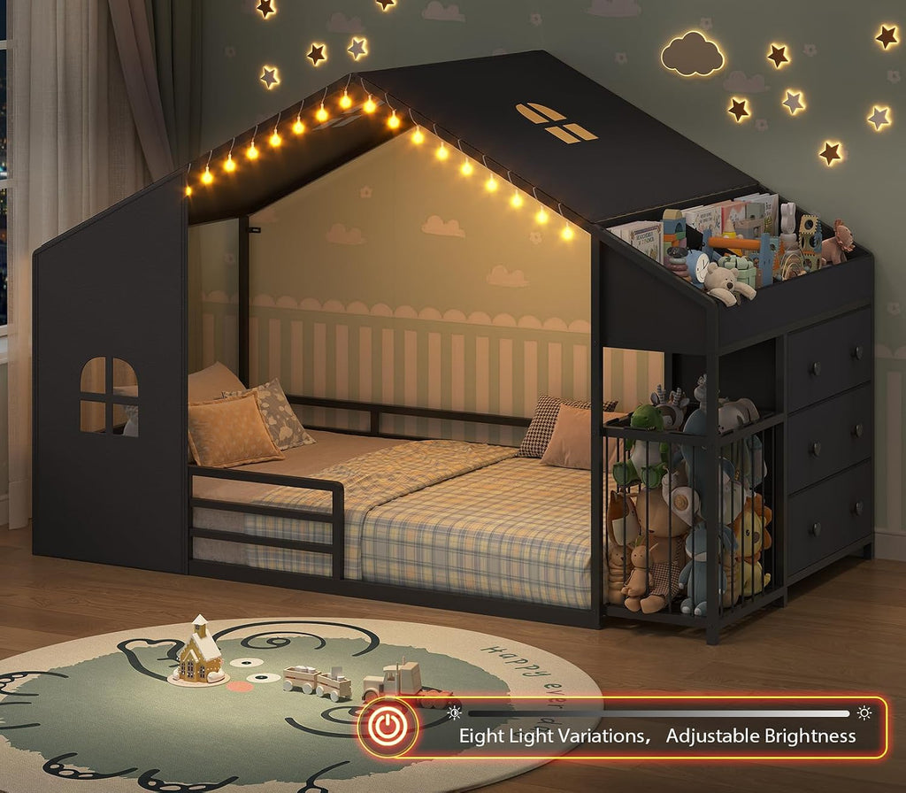 Montessori Twin Size Floor Bed, House Shape Bed, Tent, Children's Night Light, Toy Storage Cabinets, Drawer, Picture