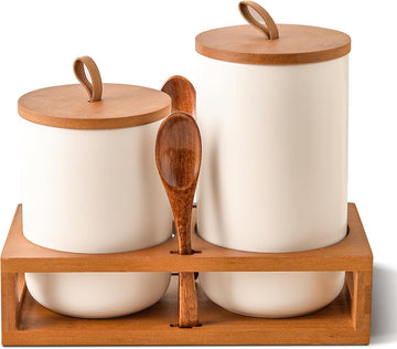 White Ceramic Canister with Bamboo Lids, Wooden Stand & Spoons - 35oz & 28oz Airtight Food Storage Jars - Set of 2