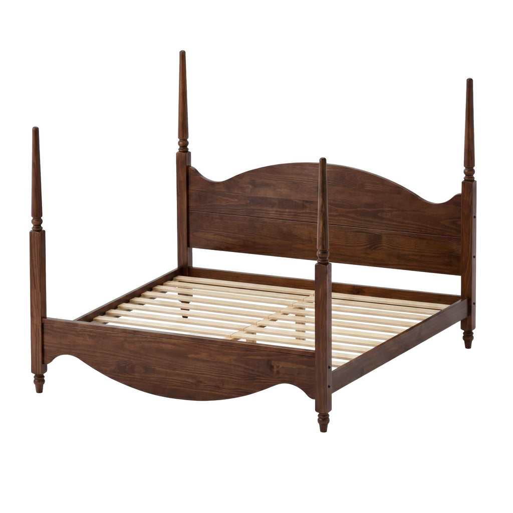 Brixton Solid Pine Wood Four-Poster Bed, Arched Headboard, Walnut