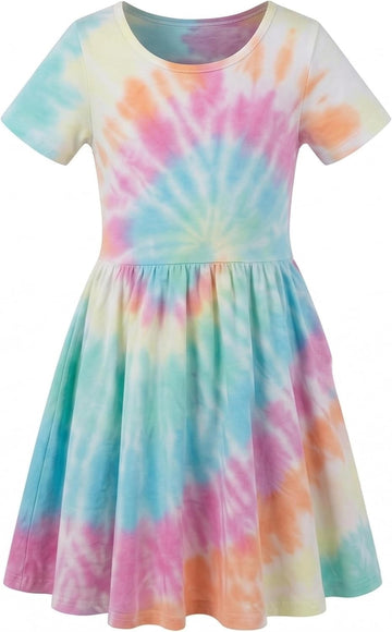 Girls Twirl Dress Girls Short Sleeve Twirly Skater Dress Tie Dye