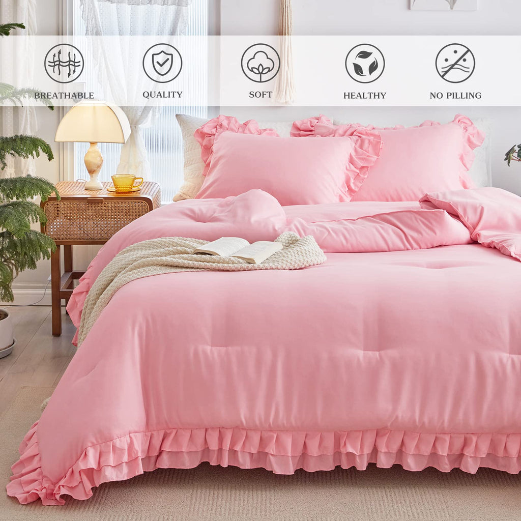 Pink Ruffle Comforter Set, 3 Pieces (1 Ruffled Comforter and 2 Pillowcases) Farmhouse Shabby Chic
