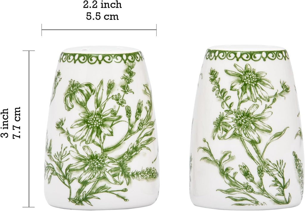 Green Garden Toile De Jouy Ceramic Salt & Pepper Shaker Set or Decor, Dishwasher Safe - Set of 2