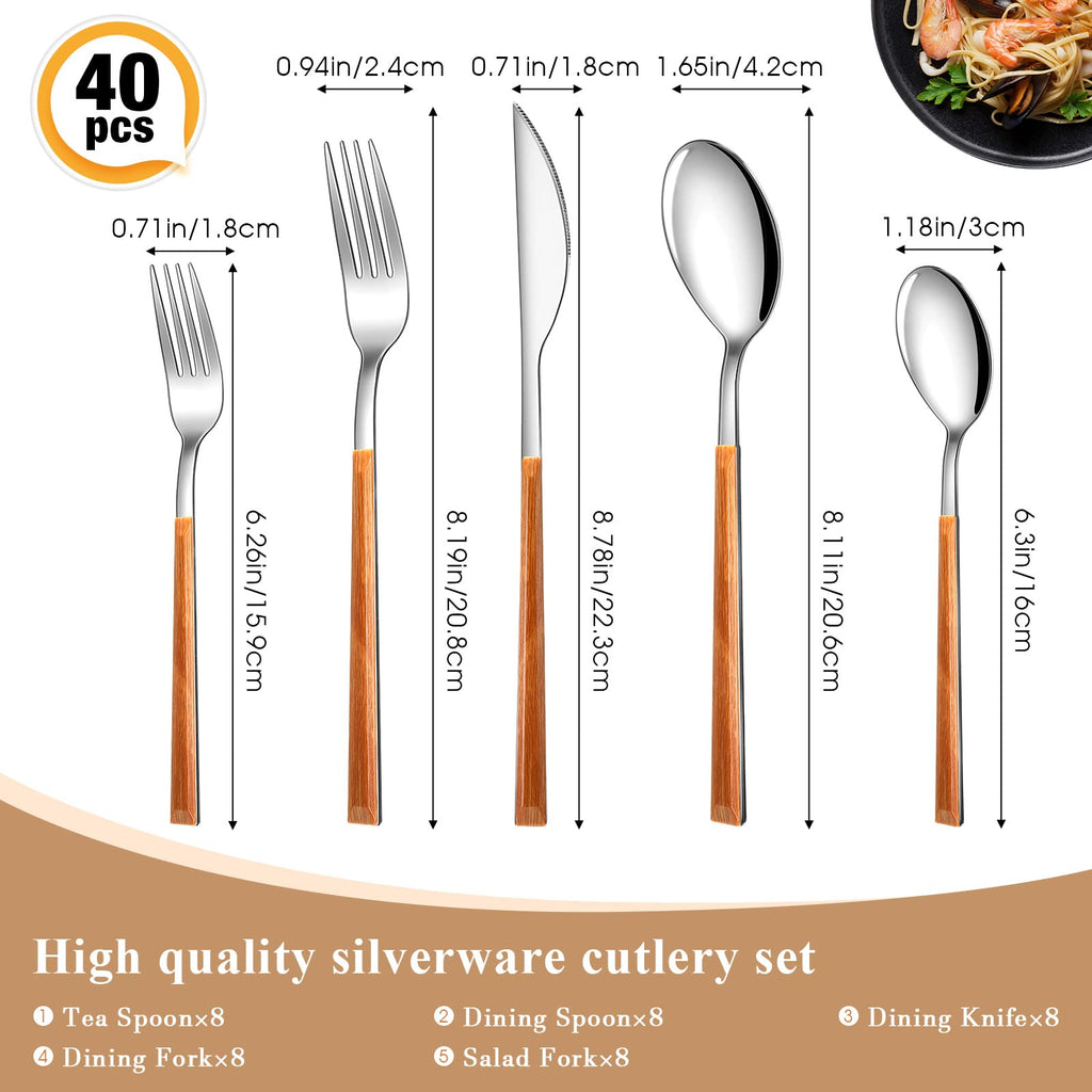 40 Pcs Wood Handle Silverware Set Stainless Steel Cutlery Set with Imitation Wood Grain Handle Silver Mirror Polished