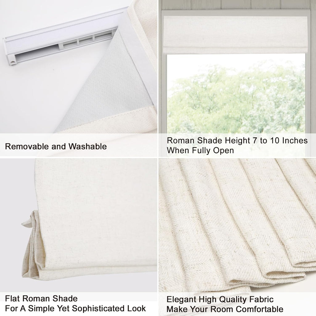 Cordless Linen Roman Shades, Natural Custom Fabric Room Darkening Roman Window Shades Blinds for Doors, French Doors