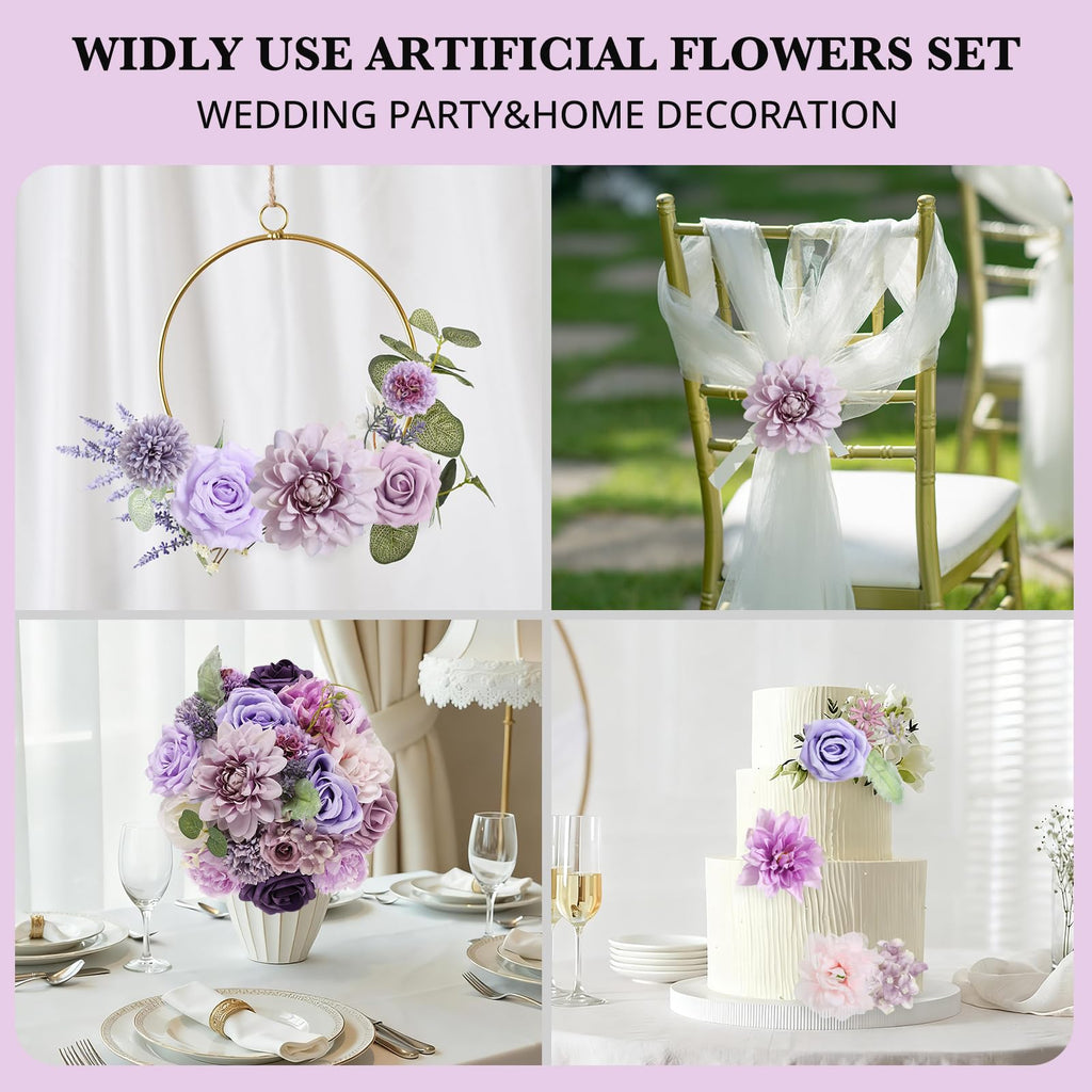 Artificial Combo Box Purple Fake Silk Flower Dahlia Roses for Wedding Bridal Bouquets, Baby Shower, Birthday, Floral