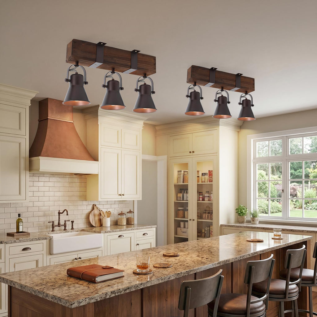 Rustic Kitchen Lights Ceiling, 3 Light Semi Flush Mount Ceiling Light, Farmhouse Wooden Track Lighting Fixtures