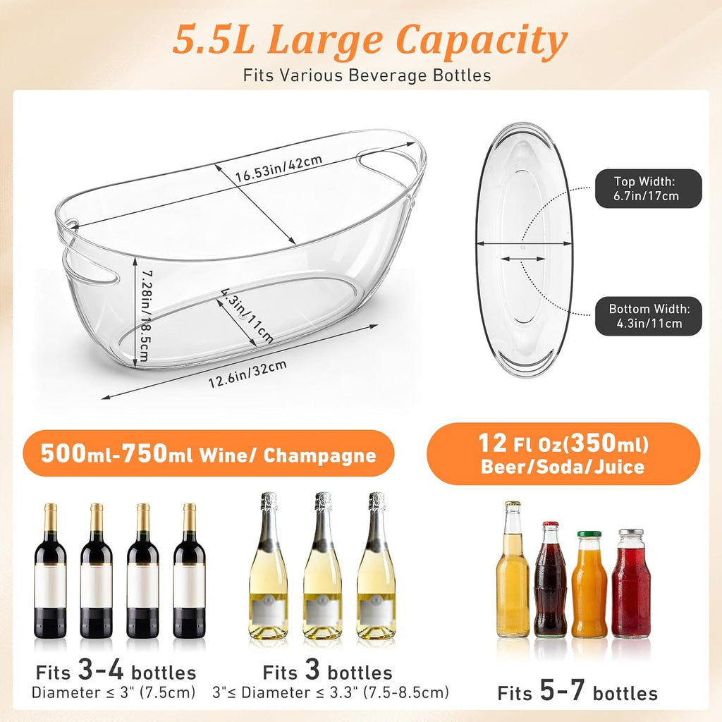 Ice Buckets for Parties Large 5.5L Clear Acrylic Beverage Tubs Portable Cooler Barrel with Scoops Tongs Wine - Set of 4
