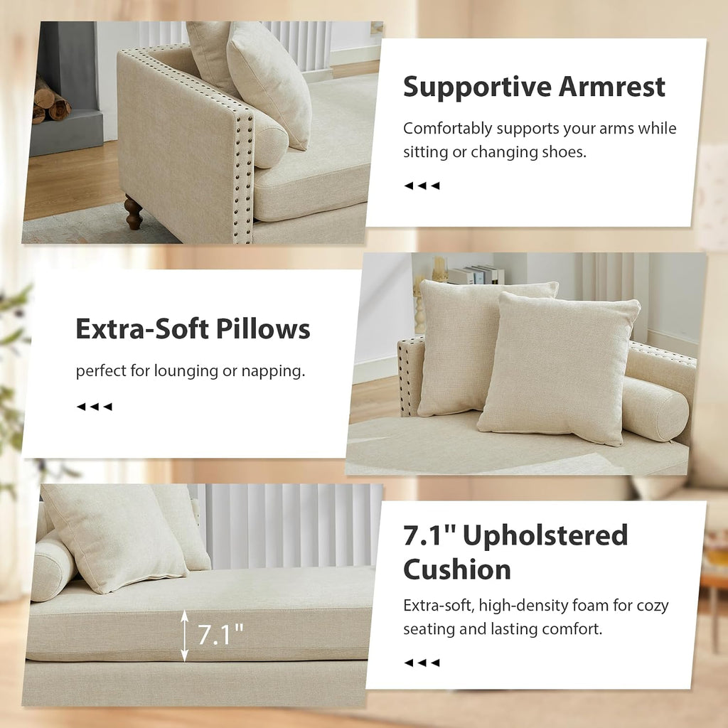 75.2" Oversized Indoor Chaise Lounge, Chenille Upholstered King Size End of Bed Bench with Arms, Sleeper Sofa with 4