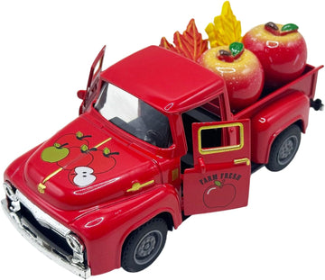 Fall Apple Truck Decor, 5.7 Inch Vintage Red Metal Pickup with Apples and Maple Leaves, Farmhouse Autumn Harvest