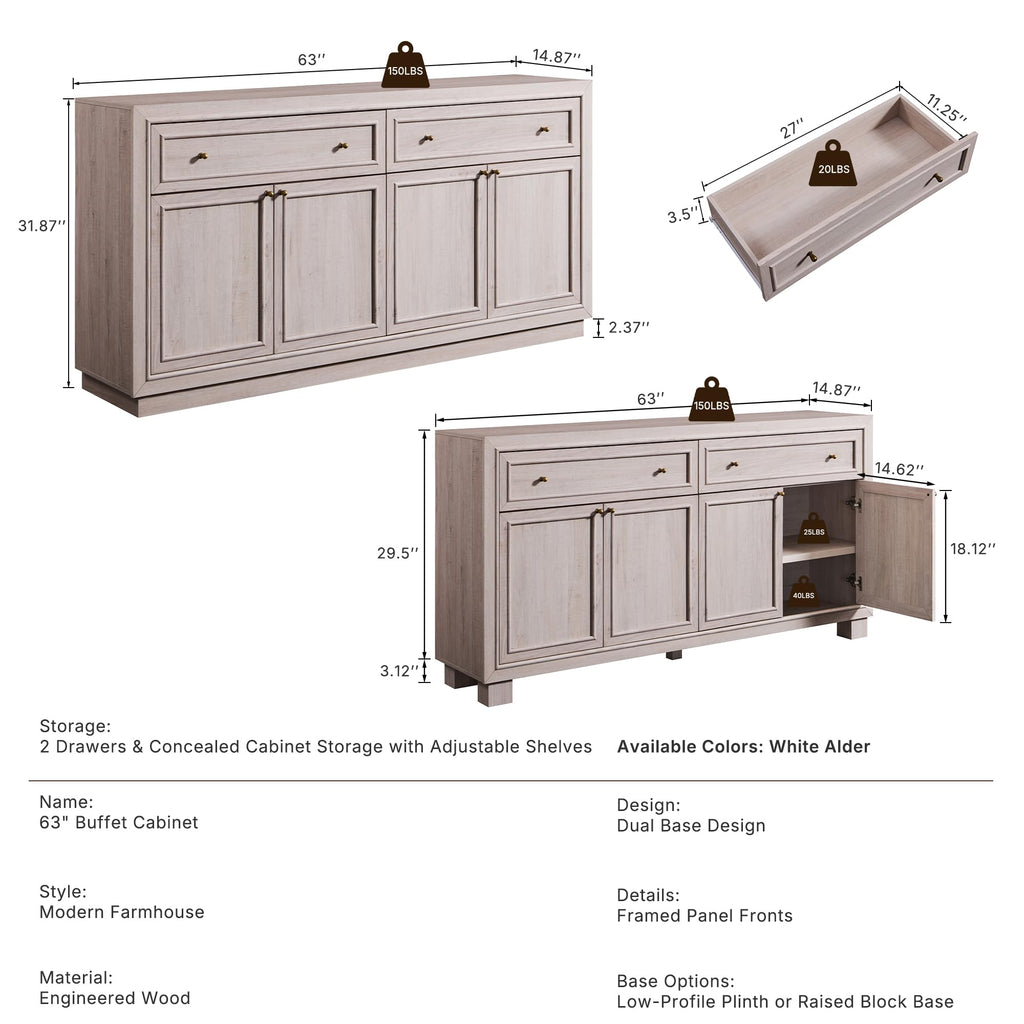 63" Modern Farmhouse Buffet Cabinet with Storage, White Alder