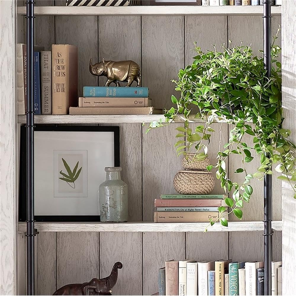 120" 3-Section Bookcase Wall, Solid Wood, Aged White Finish, Rolling Ladder, 5 Adjustable Shelves Per Section, French