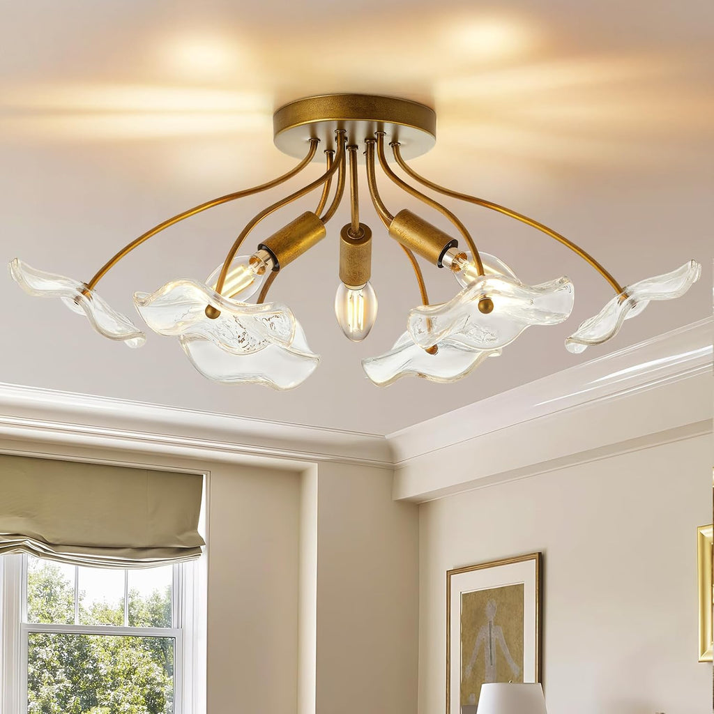 Semi Flush Mount Ceiling Light, Modern Gold Ceiling Light Fixture, Vintage Brass Lighting Entryway Hallway Bathroom