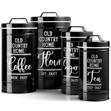 Black Canisters Sets for the Kitchen, Airtight Kitchen Canisters for Countertop, Flour and Sugar Containers, Tea