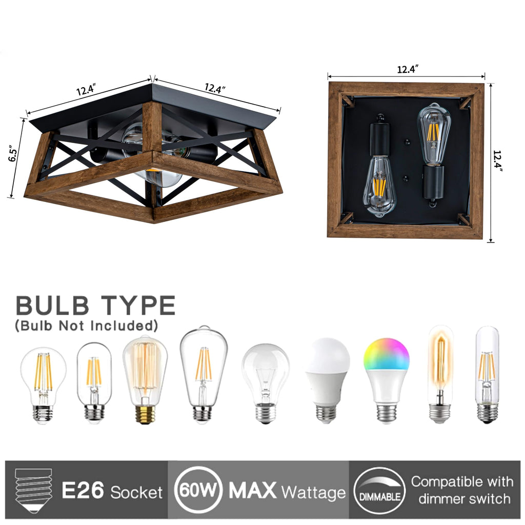 2-Light Farmhouse Light Fixture, Rustic Ceiling Light with Wood and Metal Design, Wood Ceiling Light, Cabinet