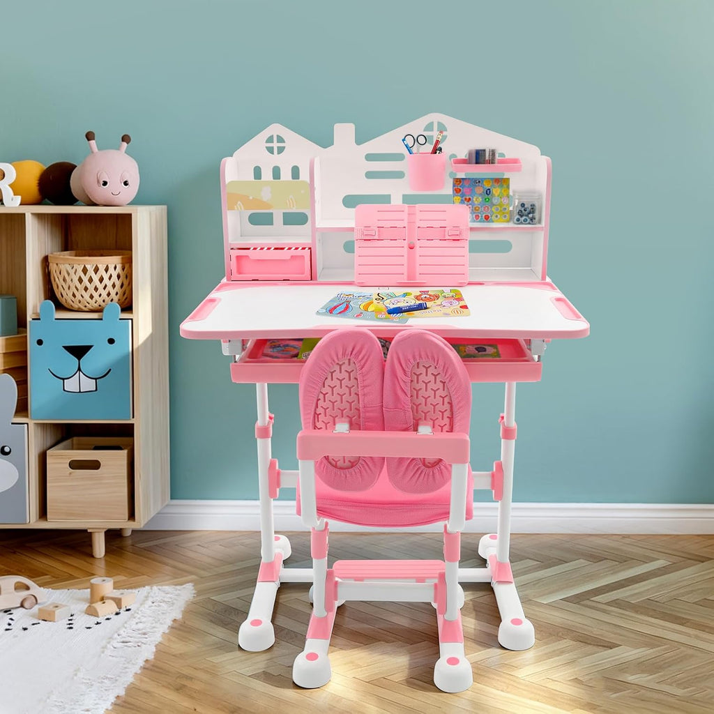 31.5'' Adjustable Kids Desk with Tilting Desktop & Bookshelf Hutch(Pink)
