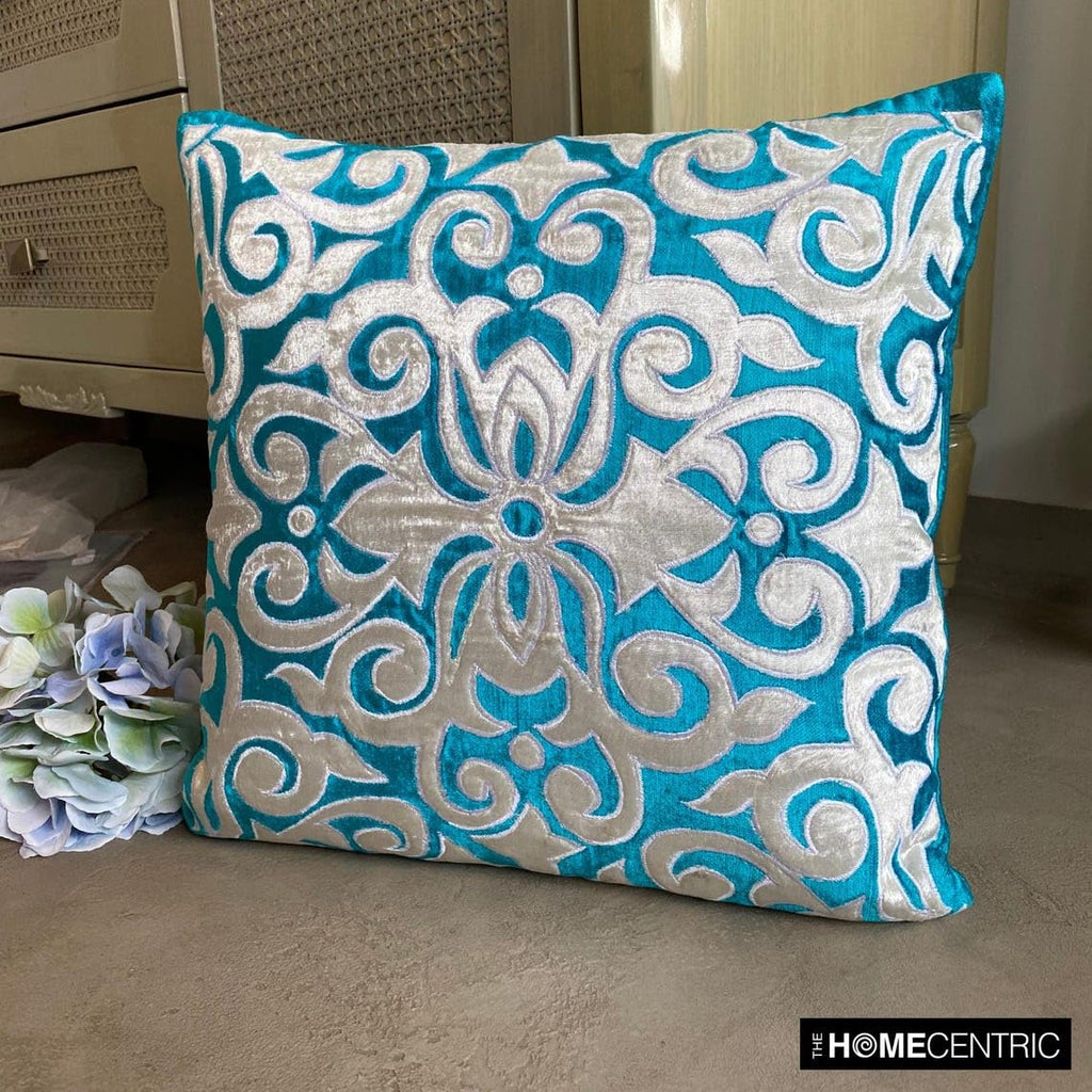 Cushion Covers for Chairs, Turquoise Pack of 2, 14x14 inch (35x35 cm) Applique Damask Decorative Pillow Covers Throw