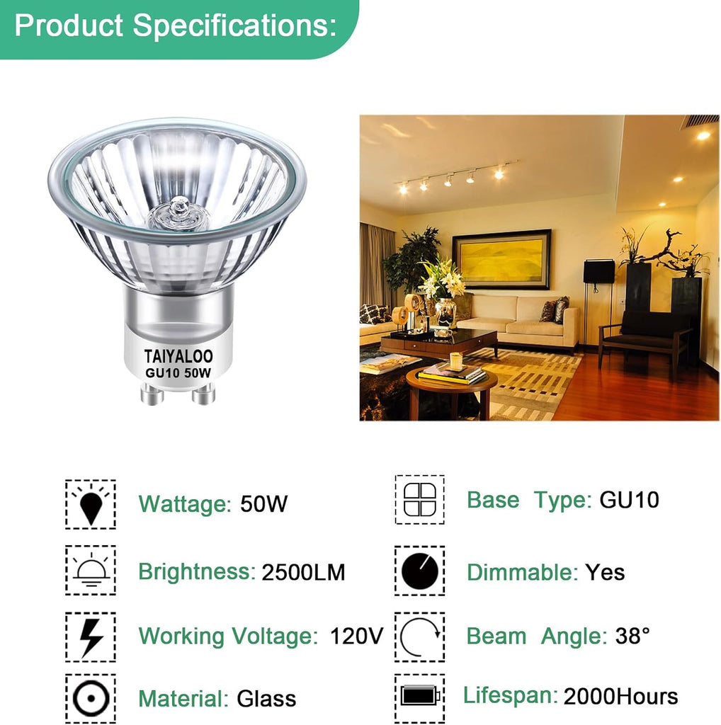 GU10 Halogen 50W Bulbs, Dimmable MR16 GU10+C 120V 50W for Track, Recessed, Accent Light, Range Hood Light Bulbs