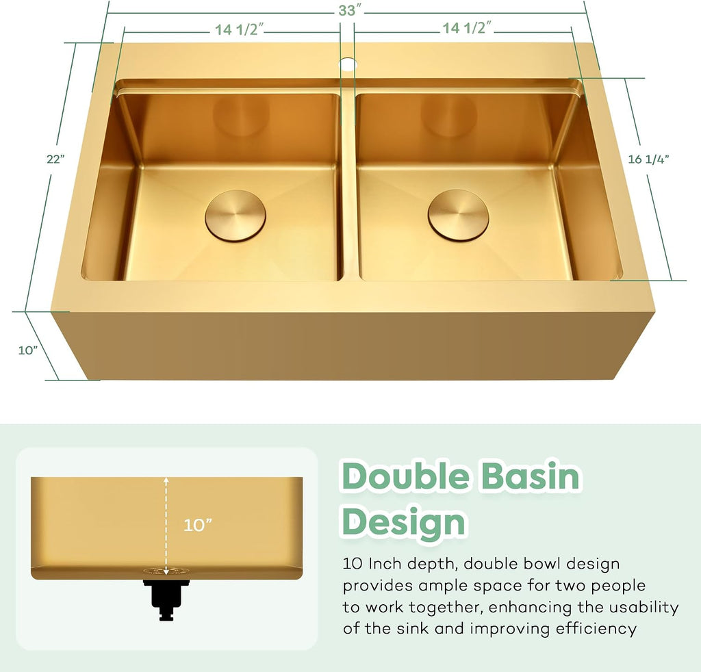 Gold Double Bowls Kitchen Sink, 33" x 22" Drop Sink, 50/50 Double Bowls Farm Sink, 16 Gauge Stainless Steel