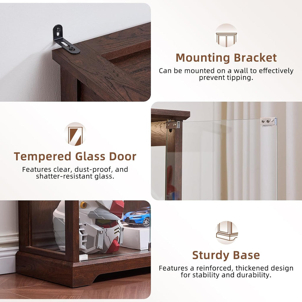 Farmhouse Glass Display Cabinet with Lock, Walnut | Wooden Curio Cabinets with Glass Doors, 3-Color Motion-Sensor