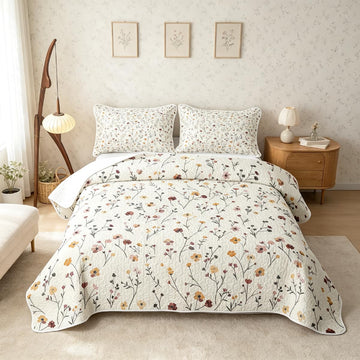 Spring Floral Quilt Set Wildflower Spring Summer Quilt Bedding Modern Minimalist Bedspread Coverlet Rustic