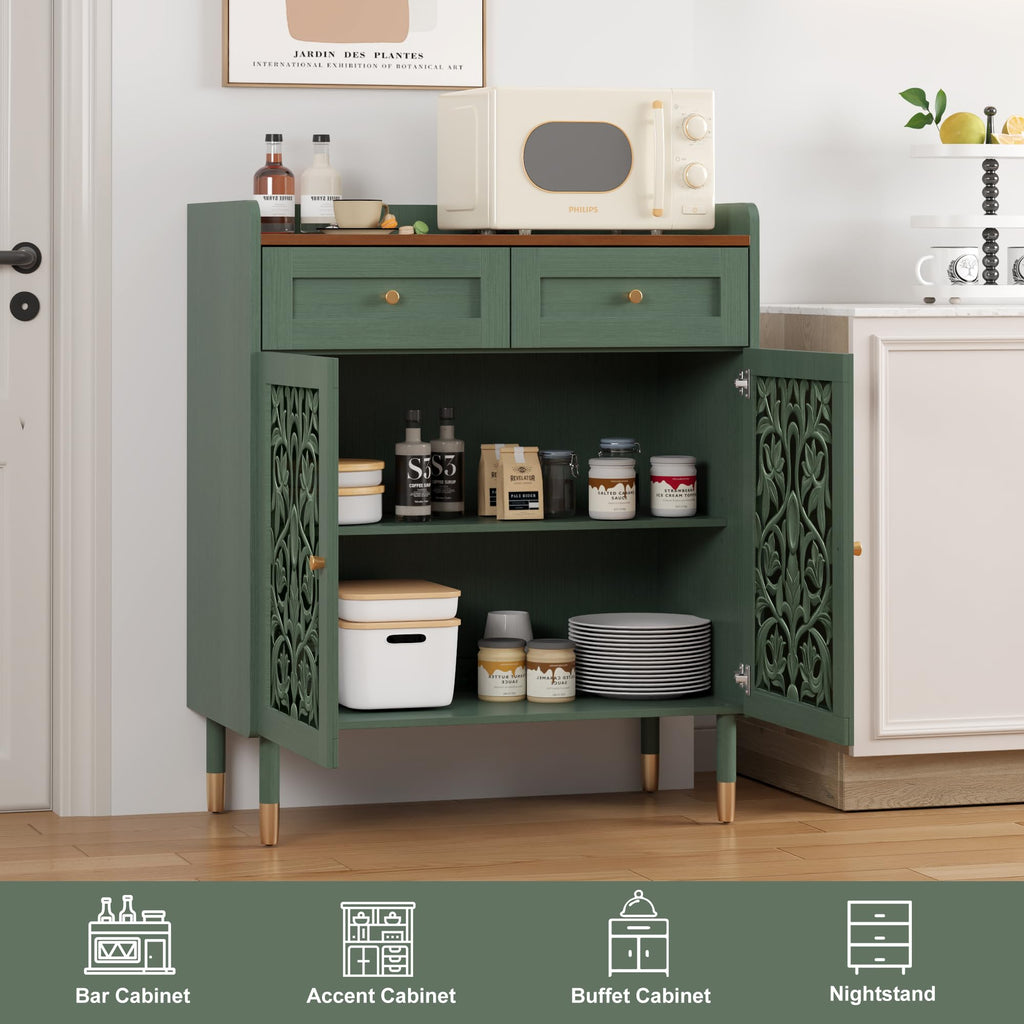 2 Door Retro Carving Sideboard Buffet Cabinet with 1 Drawer, Green