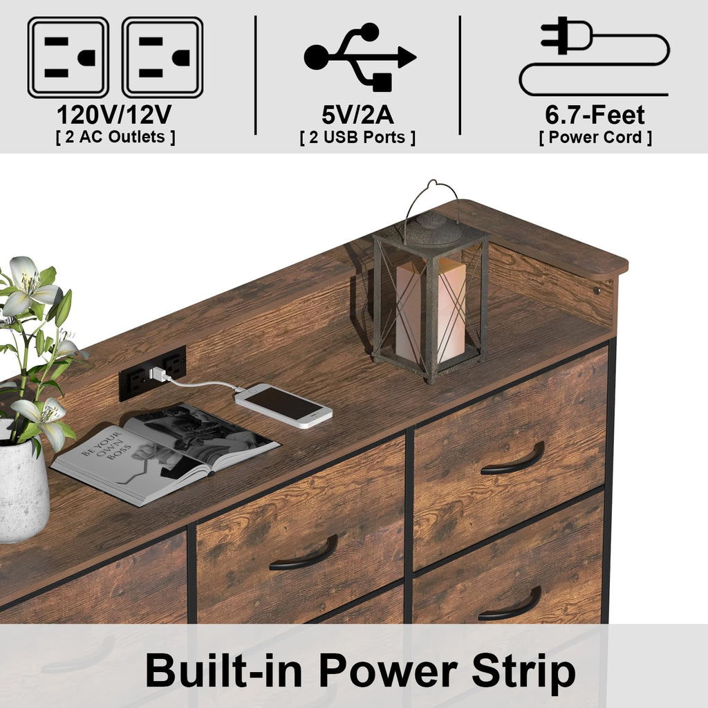 Industrial Dresser with Charging Station and LED Light Fabric Storage Dresser with 9 Fabric Drawers Chest of Drawers
