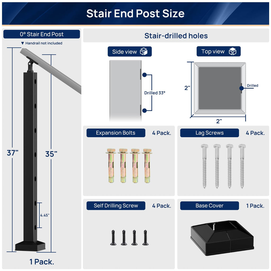 35"x2"x2" Aluminum Railing Post, Stair End Post