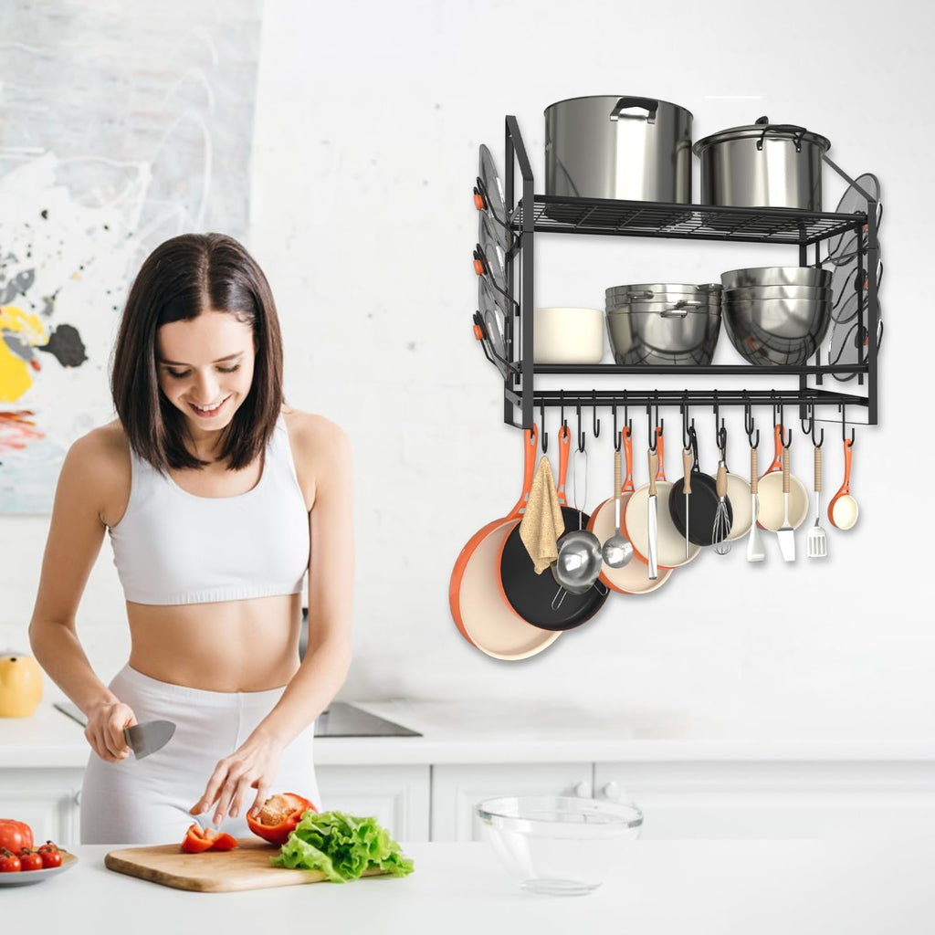28 Inch Pot Rack Wall Mounted, 2 Tier Pots and Pans Organizer with 20 Hooks and 6 Pot Lid Holders, Heavy Duty Steel
